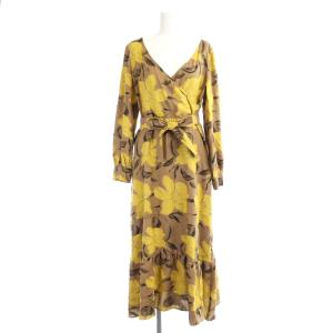 カシュクールカットジャガードワンピース ロング 花柄 長袖 36 ライトブラウン マスタードイエロー