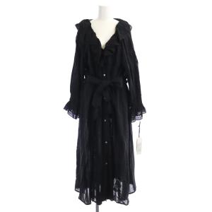 レース切替楊柳ワンピース ロング 長袖 36 黒 ブラック