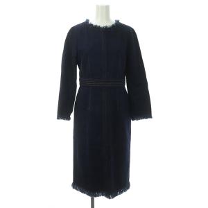 デニムフリンジワンピース ロング 長袖 Iライン コットン 38 紺 ネイビー