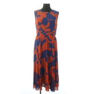 バイカラーフラワーワンピース ロング ノースリーブ フレア キカ調 36 青 ブルー オレンジ