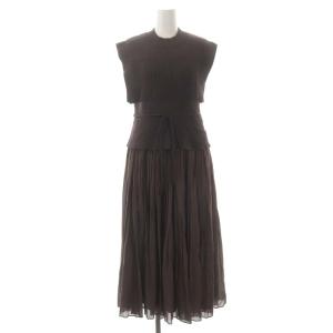 ドッキングプリーツワンピース ロング ノースリーブ ニット切替 36 茶 ブラウン