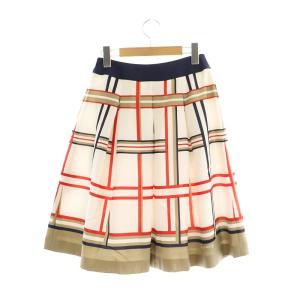 M'S GRACY ベルトデザイン チェックスカート フレア 膝丈 36 白 紺 赤