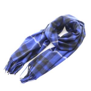 マフラー カシミヤ100% 大判 フリンジ チェック F 青 ブルー