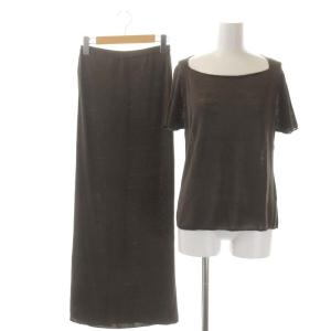 セットアップ シルクネップニット カットソー 半袖 スクエアネック ロングスカート タイト ミモレ M 茶 ブラウン