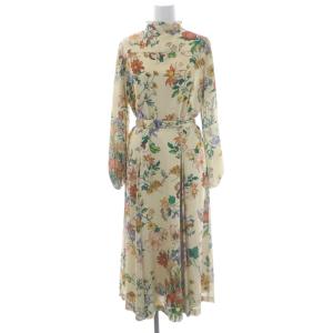 21AW サテンボタニカルシャツワンピース ロング丈 ミモレ丈 長袖 ベルト付き マルチカラー 36 M