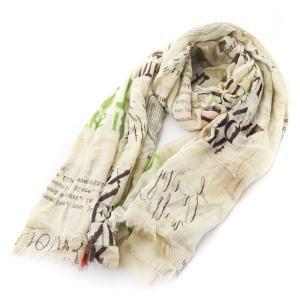 ストール 大判 英字 総柄 フリンジ ベージュ マルチカラー