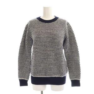 クルーネック ウール ニット セーター 長袖 プルオーバー 紺 ネイビー 白 ホワイト