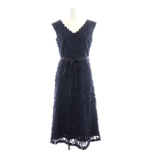レースロングドレス ミモレ丈 ノースリーブ Vネック リボン 刺繍 ビジュー 36 S 紺 ネイビー