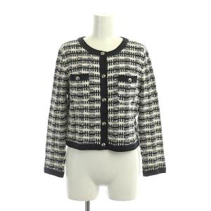 ツイード カーディガン ジャケット ニット 長袖 リネン 38 紺 白 黒