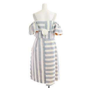 Chesty ストライプ オフショル ワンピース ラップ調 ミモレ丈 ロング リボン 1 白 ホワイト ブルーグレー