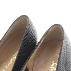 Salvatore Ferragamo ヴァラリボン パンプス リザード 型押し レザー チャンキーヒール ロゴ 6.5 24.0cm 黒 ブラック