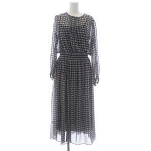 20SS 総柄 ワンピース マキシ ロング 長袖 インナー付き 38 紺 ネイビー