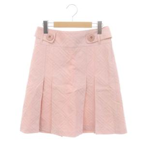 チェック プリーツスカート ひざ丈 ベルト付き サイドジップ コットン 38 S ピンク