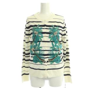 ビジュー刺繍カーディガン ニット 薄手 ボーダー コットン混 36 オフホワイト 紺 ネイビー