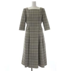 23AW トリプルクロスワンピース スクエアネック チェック ミモレ丈 ロング 七分袖 36 アイボリー 黒 グレー