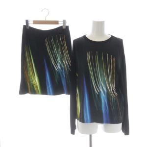 セットアップ 上下 転写 カットソー 長袖 スカート ミニ タイト 総柄 1 黒 マルチカラー ブラック