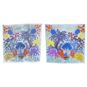 スカーフ カレ90 ダブルフェイス LE JARDIN DES PEINTRES シルク 水色