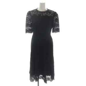 21SS ミックスフラワーレースワンピース ロング 五分袖 34 紺 黒 ネイビー ブラック