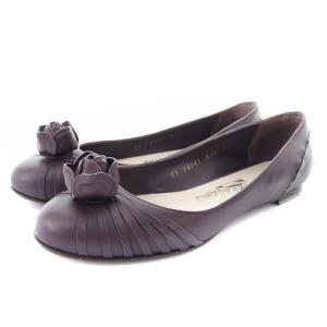 フラワーモチーフ フラット パンプス レザー 6.5 24cm 紫 パープル