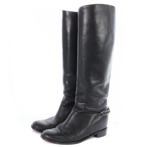 Christian Louboutin バックチェーン ロングブーツ レザー ローヒール 38 25cm 黒 ブラック