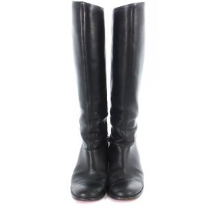 Christian Louboutin バックチェーン ロングブーツ レザー ローヒール 38 25cm 黒 ブラック