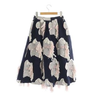 AKIRANAKA Kamila フラワーカットジャガードスカート ロング ミモレ丈 フレア 36 紺 白 ピンク