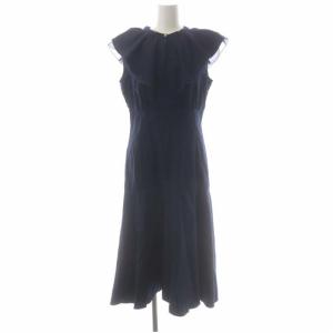 22SS タイプライターエリフリルワンピース ロング マキシ丈 ノースリーブ ペチコート付き 38 紺 ネイビー