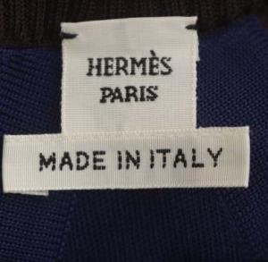 HERMES シェーヌダンクル柄シルク切替ニット カットソー 半袖 34 ネイビー ブラウン