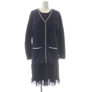 ラインニットアンサンブルワンピース カーディガン 長袖 ノースリーブワンピース 膝丈 プリーツ切替 0 紺 白 ネイビー ホワイト