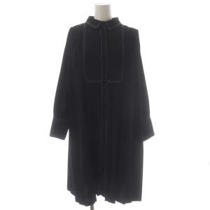 Aラインクレリックシャツプリーツワンピース ひざ丈 長袖 36 黒 ブラック