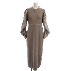 21AWバックリボンニットワンピース ロング マキシ丈 長袖 ギャザースリーブ 切替 36 ピンクブラウン