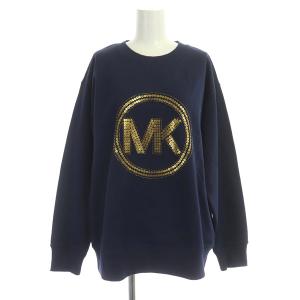 スパンコールロゴ装飾クルーネックスウェット トレーナー 長袖 M 紺 ネイビー