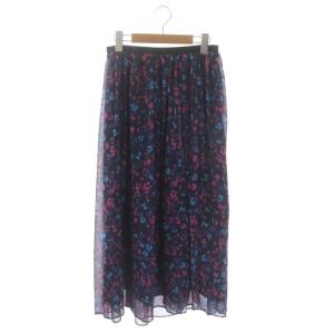 23AW DEVEAUX ランダムヘム プリントスカート ロング ミモレ フレア 36 紺 ネイビー