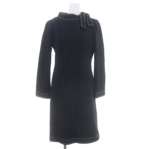 ウール ステッチ ワンピース 膝丈 長袖 38 黒 白 ブラック ホワイト
