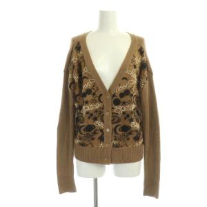 プラネット刺繍カーディガン ニット 長袖 Vネック 総柄 36 キャメル 黒