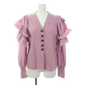 22SS フリルショルダーニットカーディガン 長袖 切替 Vネック 38 ピンク