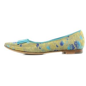 MANOLO BLAHNIK TORINA リボンデザイン サテン パンプス フラットシューズ ポインテッドトゥ 35 22cm 青 ブルー ゴールド色