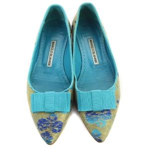 MANOLO BLAHNIK TORINA リボンデザイン サテン パンプス フラットシューズ ポインテッドトゥ 35 22cm 青 ブルー ゴールド色