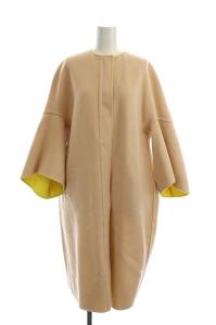 Drawer 配色リバーノーカラーコート アウター ロング 36 ベージュ イエロー