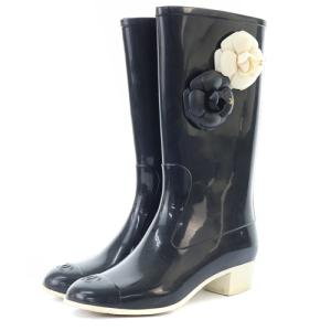 CHANEL カメリア レインブーツ 長靴 38 24cm 黒 ブラック
