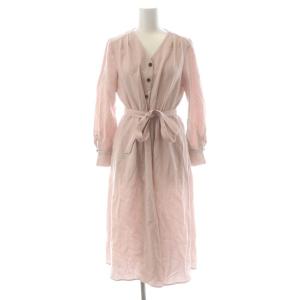 前ボタンワンピース ロング 長袖 Vネック インナー付き リボンベルト付き 38 スモークピンク