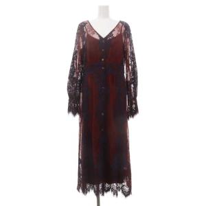 コードレース ワンピース ロング 長袖 前開き シースルー インナー付き 38 ボルドー ダークパープル