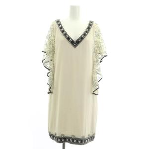 ワンピース ミニ 半袖 レース袖 フレアスリーブ ビジュー Vネック 38 アイボリー
