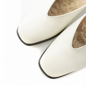 ELIN Vカット ファーミュール サンダル スクエアトゥ 太ヒール レザー 36 23cm 白 ホワイト