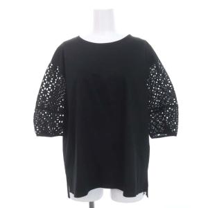 アイレットジャージー カットソー 幾何柄刺繍 五分袖 38 黒 ブラック