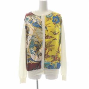 シルクプリント 半袖ニット アンサンブル カーディガン 長袖 Vネック 切替 L オフホワイト マルチカラー