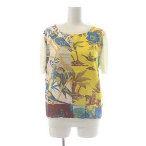 Salvatore Ferragamo シルクプリント 半袖ニット アンサンブル カーディガン 長袖 Vネック 切替 L オフホワイト マルチカラー