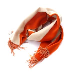 ストール 大判 カシミヤ フリンジ バイカラー オレンジ ホワイト