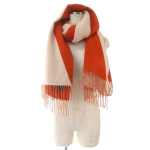 HERMES ストール 大判 カシミヤ フリンジ バイカラー オレンジ ホワイト