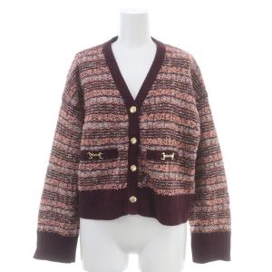 22AW ツイードフリンジニットカーディガン 長袖 36 ボルドー ピンク 白